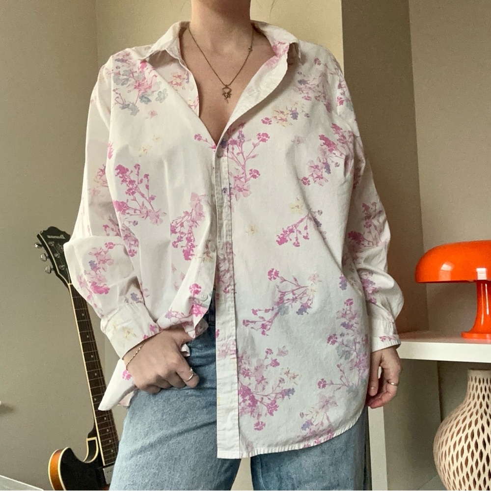 Woman Within Cream Button-Up Shirt with Pink Floral Print